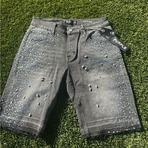 Purple Embellished Black Denim Shorts